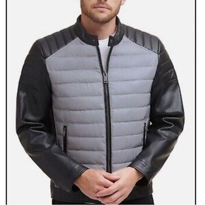 NWOT, DKNY men’s mixed media quilted reflection grey/black racer jacket size S